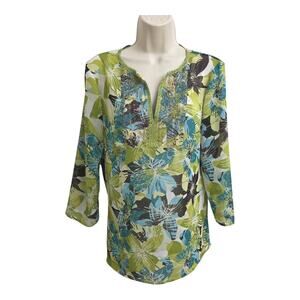 Y2K New York & Co. Womens Floral Sheer W Sequins V Neck Blouse Green Sz M